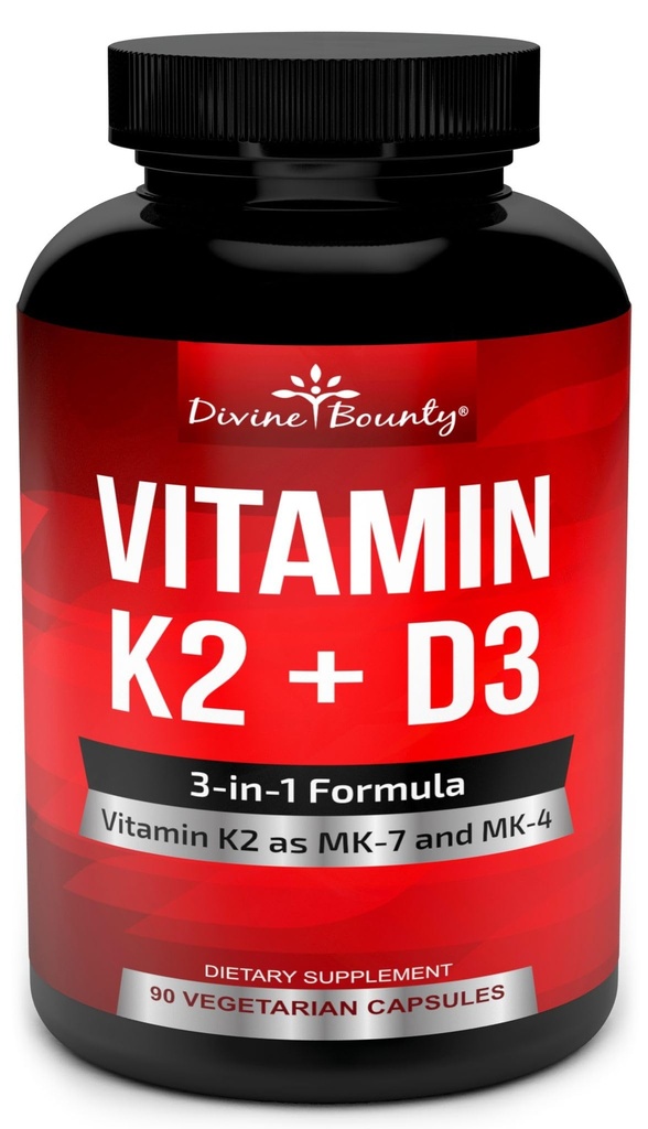 Divine Bounty Vitamine K2 (MK7 & MK4) avec supplément D3 - Vitamine K & D comme MK-7 100mcg, MK-4 500mcg et 5000 UI Vitamine D3 3-en-1 Formule - Bone et soutien cardiaque - 90 Capsules Végétariennes non OGM