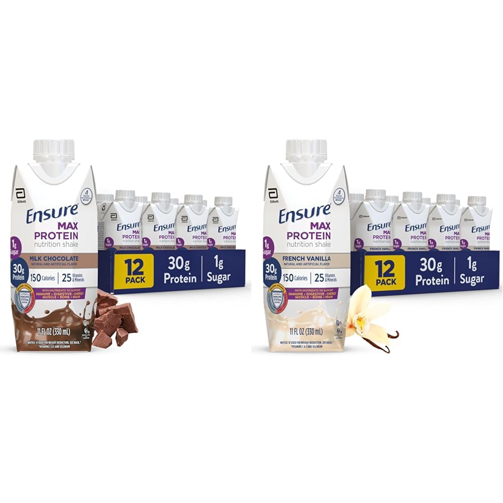 Ensure Max Protein Milk Chocolate & French Vanilla Nutrition Shakes, 30g Protein, 150 Calories, 12 Pack Bundle