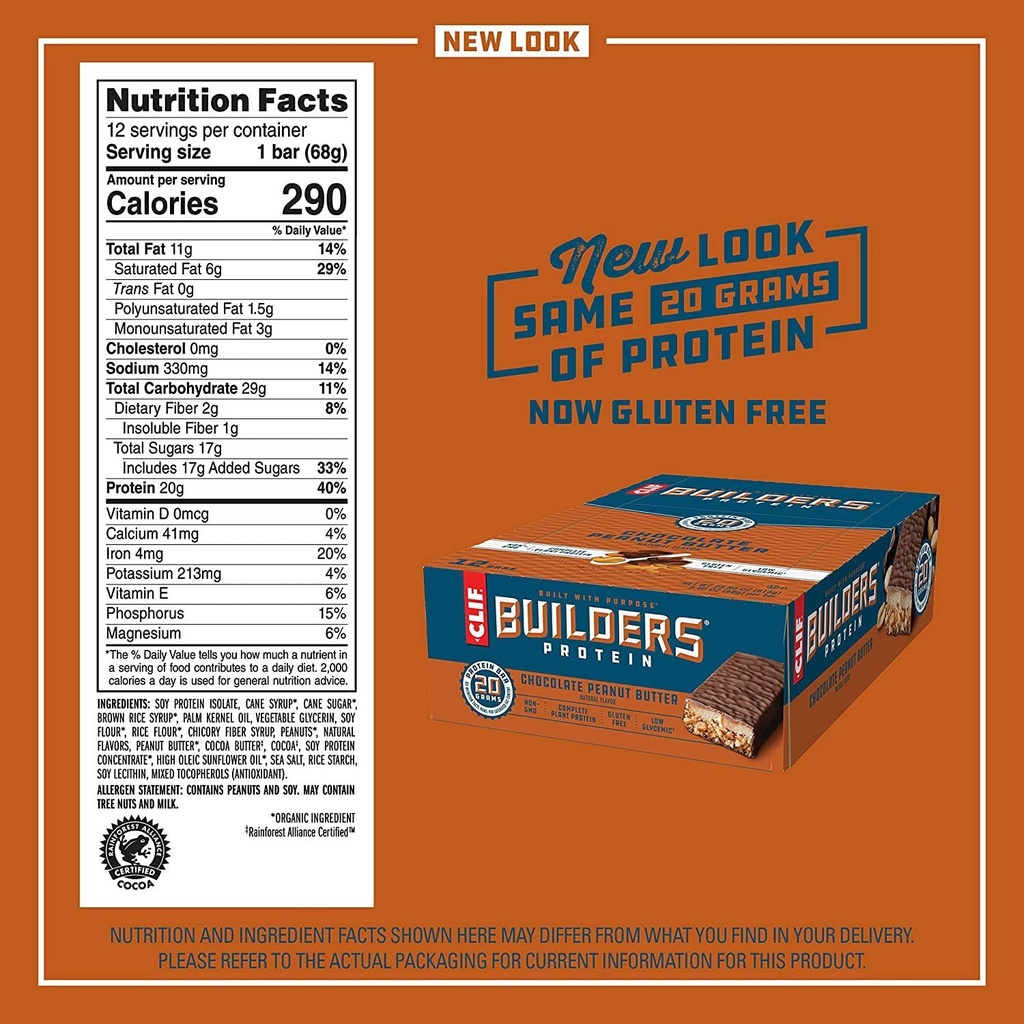 BÂTIMENTS CLIF - Barres protéinées - Arôme de beurre d'arachide au chocolat - 20g Protéines (2.4 Ounce, 12 Compte) (maintenant sans gluten)