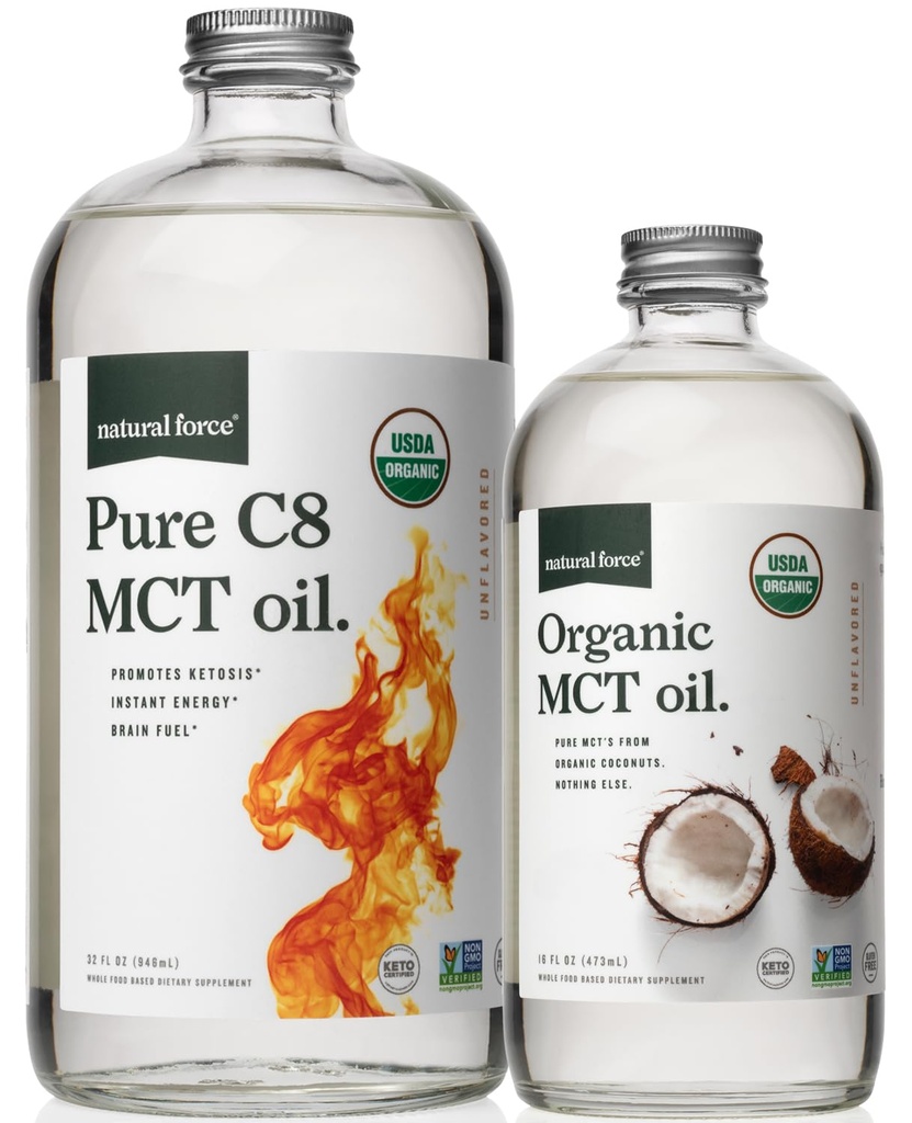 Natürliche Kraft Bio Pure C8 + Bio Vollspektrum MCT Öl – USDA Organic, Non GMO, 100% pure Coconut MCT – Keto, Paleo, Vegan und Kosher – 32 Oz & 16 Oz Glasflaschen
