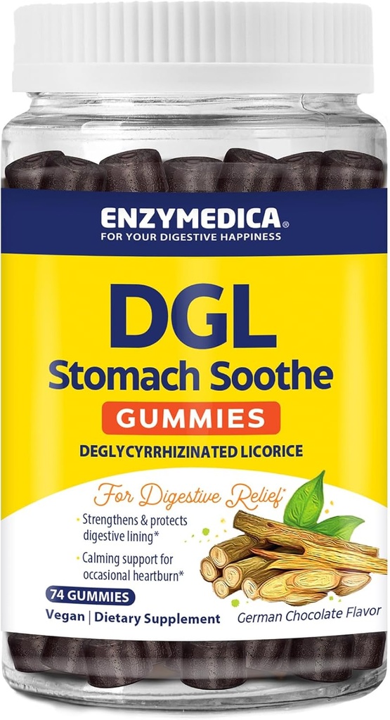 Enzymedica, DGL Sotoch Soothe, Gummées de réglisse déglycyrrhizées pour le soutien digestif et la santé des guts, Chocolat, 74 Nombre