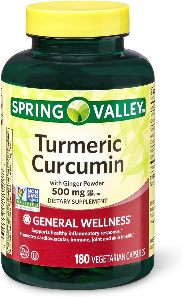 Spring Valley Curcumin curcuma 500mg avec 50mg Ginger Powder Twin Pack 180 Capsules végétariennes