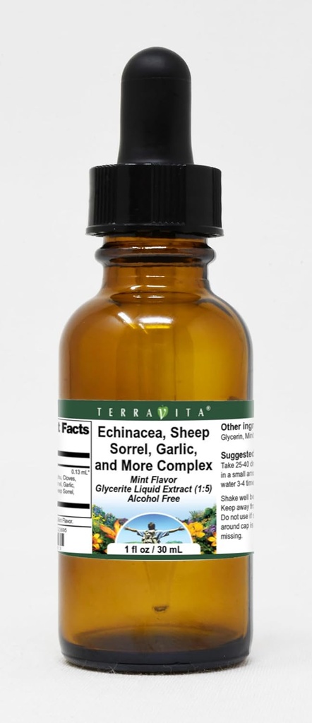 Terravita Echinacea, Sheep Sorrel, Garlic, and More Complex Glycerite Liquid Extract (1:5) - Mint Flavored (1 oz, ZIN: 523695)