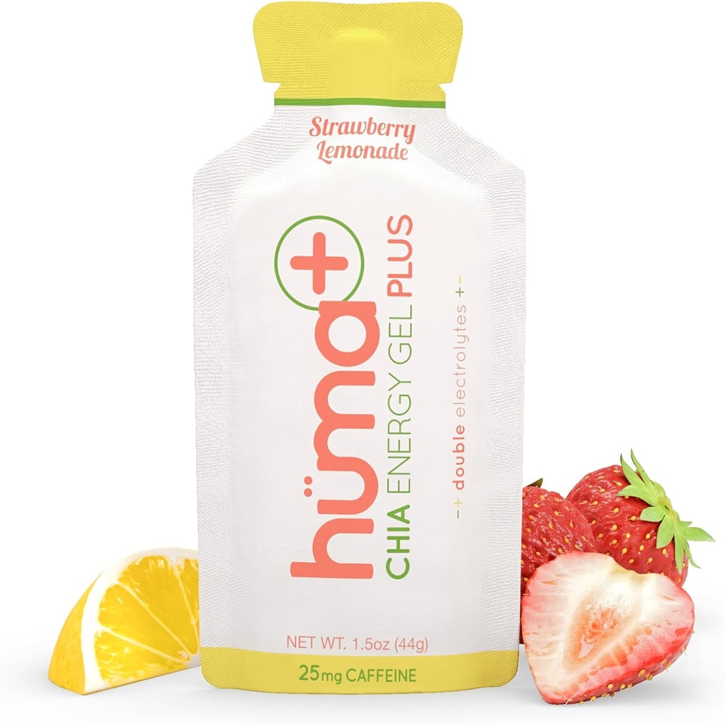 Huma Plus (Doppelelektrolyte) - Chia Energy Gel, Strawberry Lemonade, 24 Gels, 25mg Koffein - Stomach Friendly, Real Food Energy Gels