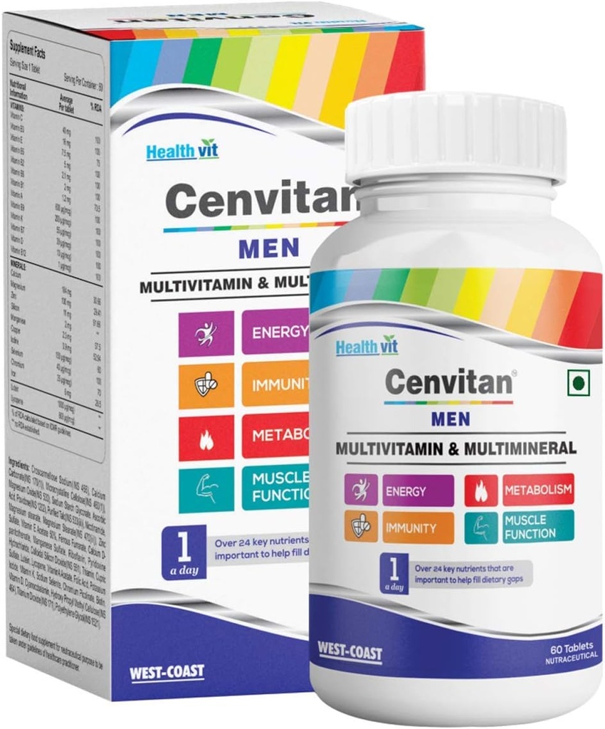Cenvitan Multivitamin per Uomo - 60 Tavole con 24 Nutrienti (Vitamini e Minerali) | per Energia, Stamina & Recupero