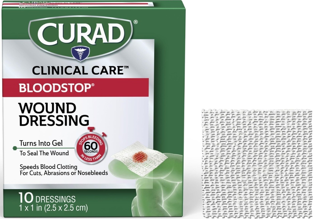 CURAD BloodStop® Wound Dressing | 1” x 1” | Hämostatische Gauze hilft, Bleeding schnell zu stoppen | Für Schnitte, Abrasionen oder Nasenblutungen | 10 Zähler