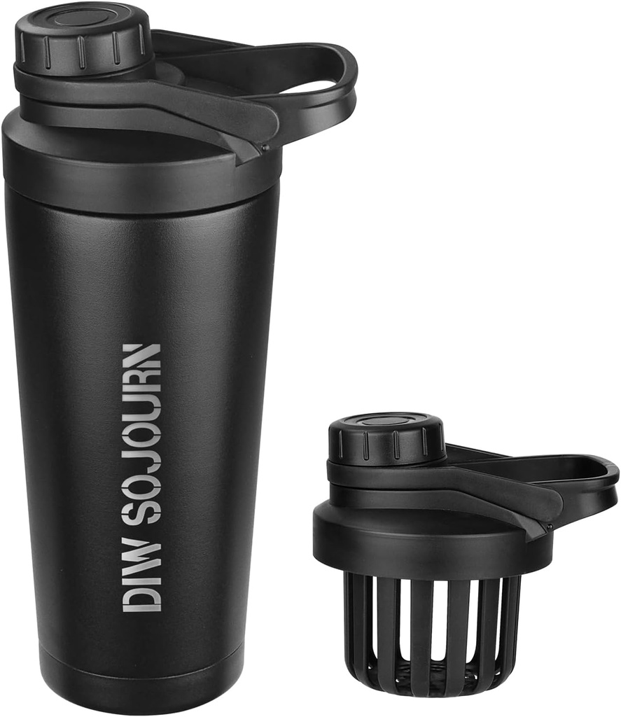 DIW 24 oz Shaker Bottle, Edelstahl Shaker Bottle mit Lärmfreiem Design, Isolierte Metall Shaker Cup für Proteinmischungen und Pre Workout,Gym Bottle Shaker(Schwarz)