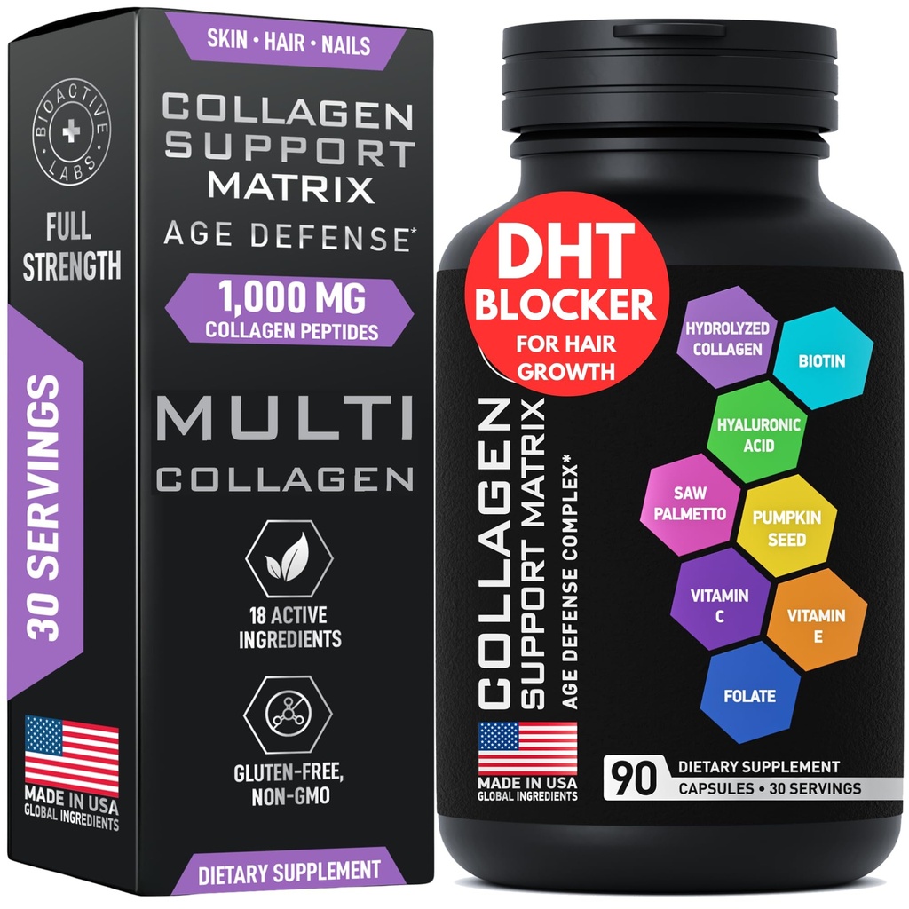 Age Defense Beauty Collagen Matrix - 2 000 mg Multi Collagen Biotin Keratin Acide Hyaluronique Saw Palmetto Complexe supplément vitamine C - DHT Blocker pour les hommes et les femmes pour la croissance des cheveux - 90 capsules sans gluten