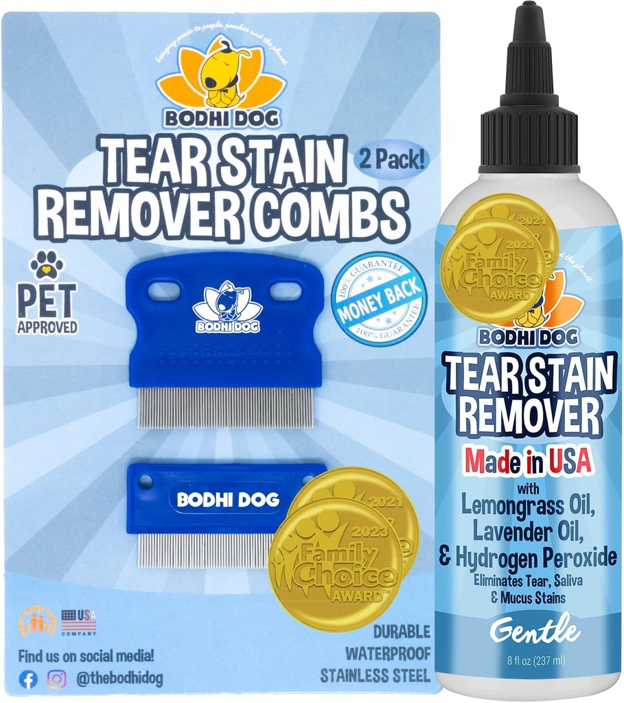 Bodhi Dog Tear Stain Remover & Tear Stain Remover Combs - Gently Entfernt Stains, Schmutz von Pet Eyes - Safe &amp; Sanft auf Hunde und Katzen - Reinigt delicate Fur - Ideal für Grooming & Tear Stain Prävention
