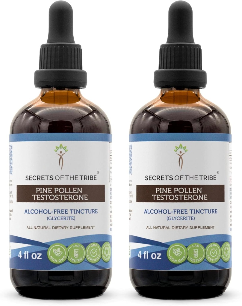 Secrets of the Tribe Pine Pollen Testosteron Tincture Alcohol-Free Extract, Wildcrafted Pine Pollen (Scots Pine, Pinus sylvestris) Getrocknet Pollen (2x4 FL OZ)