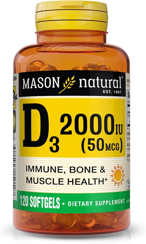 MASON NATURAL Vitamin D3 2.000 IU Ultra Strength, unterstützt Knochendichte, Stärke und Immungesundheit, 120 Softgels