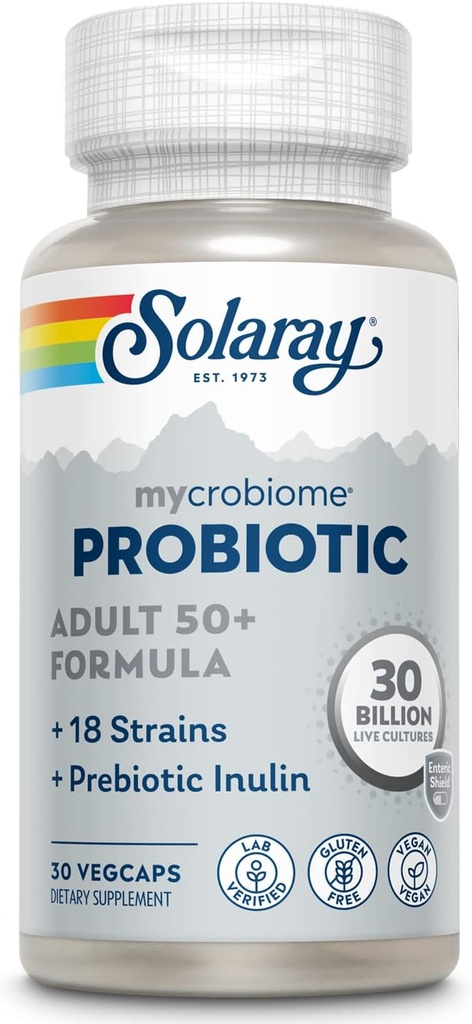SOLARAY Mycrobiome Probiotic Adult 50 Plus Formel, Probiotika für Frauen und Männer, Gesunde Verdauung, Stoffwechsel, Energie, Colon und Urinary Tract Unterstützung, 30 Billion CFU, 30 Servietten, 30 VegCaps