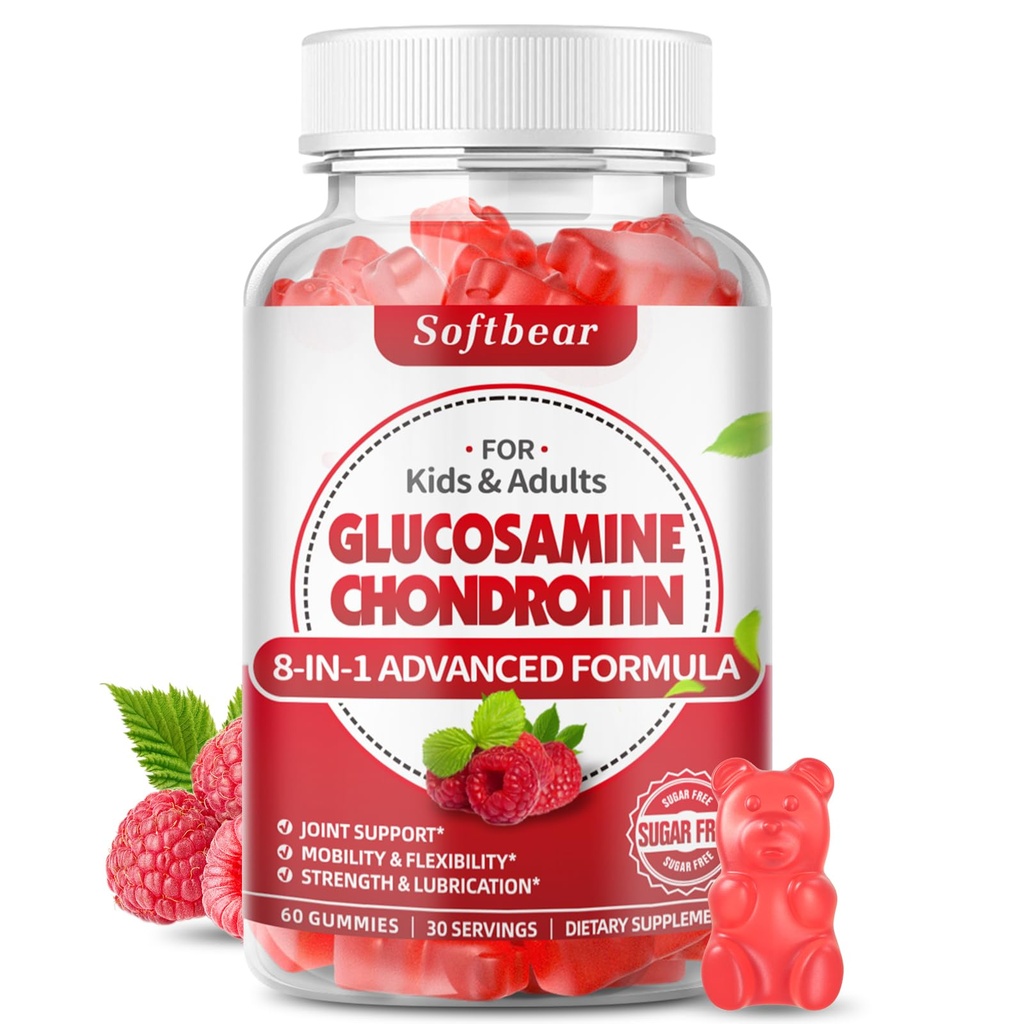 softbear Glucosamine Chondritine Gummies, sans sucre Glucosamine Chondritine MSM Supplément avec Elderberry Turmeric Supports Joint Health & Antioxidant, Raspberry Flavored 60 Comte