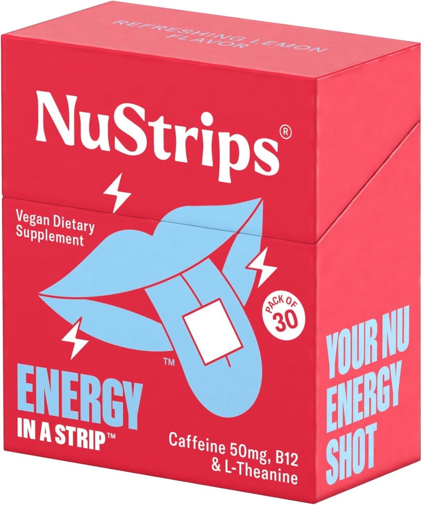 NuStripsTM Strisce di energia di dissolvenza rapida con 50 mg di caffeina, L-teanina e vitamina B12 – Energia istantanea e messa a fuoco senza Jitter o Crash – funziona più veloce del caffè – rinfrescante limone – 30 strisce