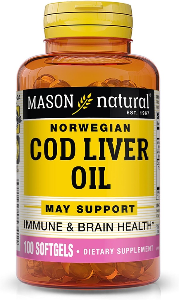 MASON NATURAL Cod Liver Oil Plus Vitamin A & D3 - Gesunde Herz- und Hirnfunktion, verbesserte Immunität, unterstützt Gesamtgesundheit, 100 Softgels