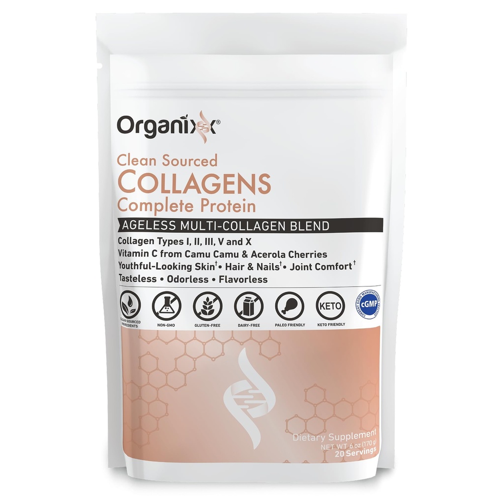 Polvere di peptidi di collagene di organixx con vitamina C, tipi I, II, III, V, X Collagene idrolizzato, capelli, chiodo, pelle, Bone & Joint Health, supporto di invecchiamento, pulito Source, senza glutine, senza aroma, 20 Serve