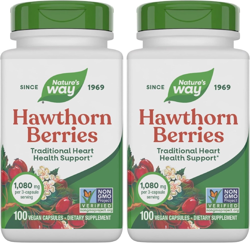 Nature's Way Herbal Hawthorn Beeren, Traditional Heart Health Support*, 100 Vegan Kapseln (Packaging May Vary) (Pack of 2)