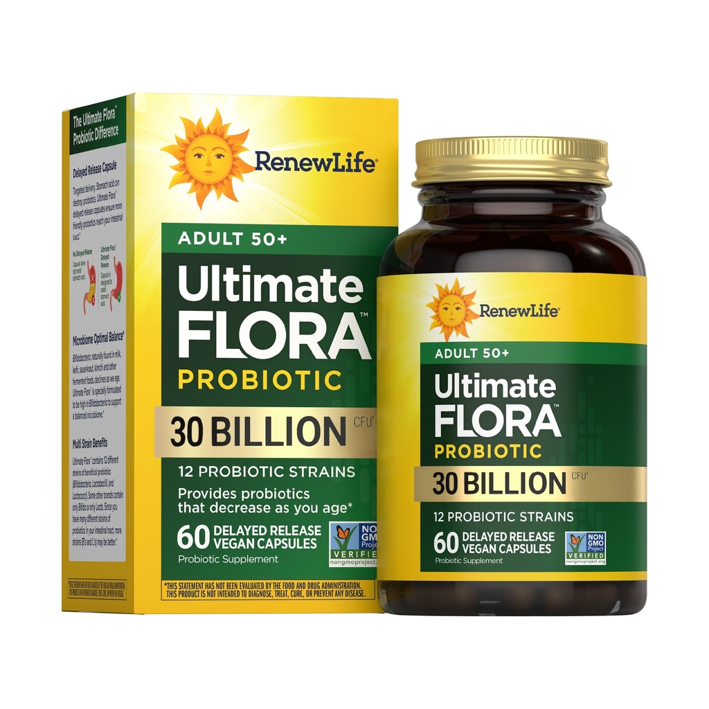 Adulto Probiotico 50 Plus Capsule Probiotici, Supplemento giornaliero Supporta Salute urinaria, Digestiva e Immune, L. Rhamnosus GG, Daieria, Soia e senza glutine, 30 miliardi di CFU, 60 Conte