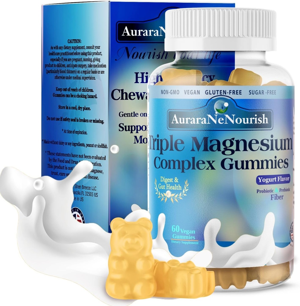 Gummie di Magnesio senza zucchero Plus Probiotici & Fibra, Magnesio Glycinate 400 mg丨L-Threonate丨Taurate, Manoci calma masticabile Magnesio Gummies w. Vitamina D3 K2 B6 per sonno* Salute del cervello, Digestione, Salute del fegato