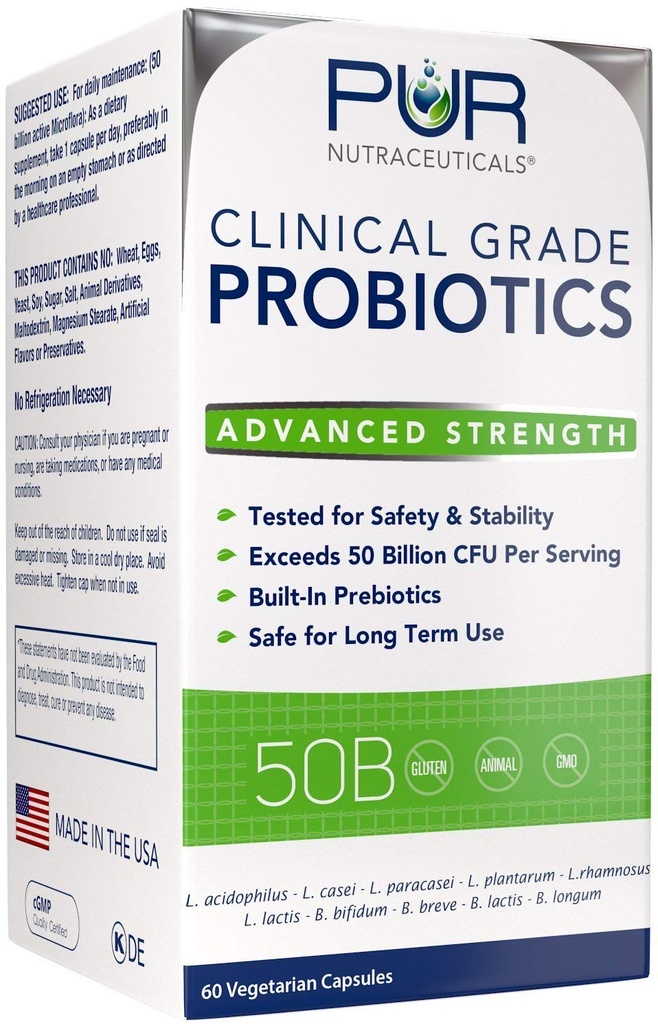 Klinische Grad Probiotika * 50 Billion CFUs/Serving * 10 Strains * Eingebaute Prebiotika * 60 Tägliche Kapseln - 2 Monate Versorgung * Alle natürlichen 100% Made in USA