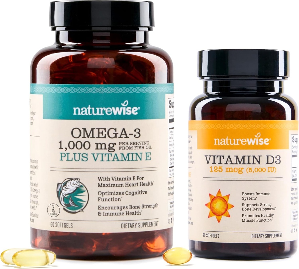 NatureWise High-Potency 1000mg Omega 3 avec 600mg EPA, 400mg DHA, et vitamine E et vitamine D3 5000iu (125 mcg) Fonction musculaire saine, et soutien immunitaire