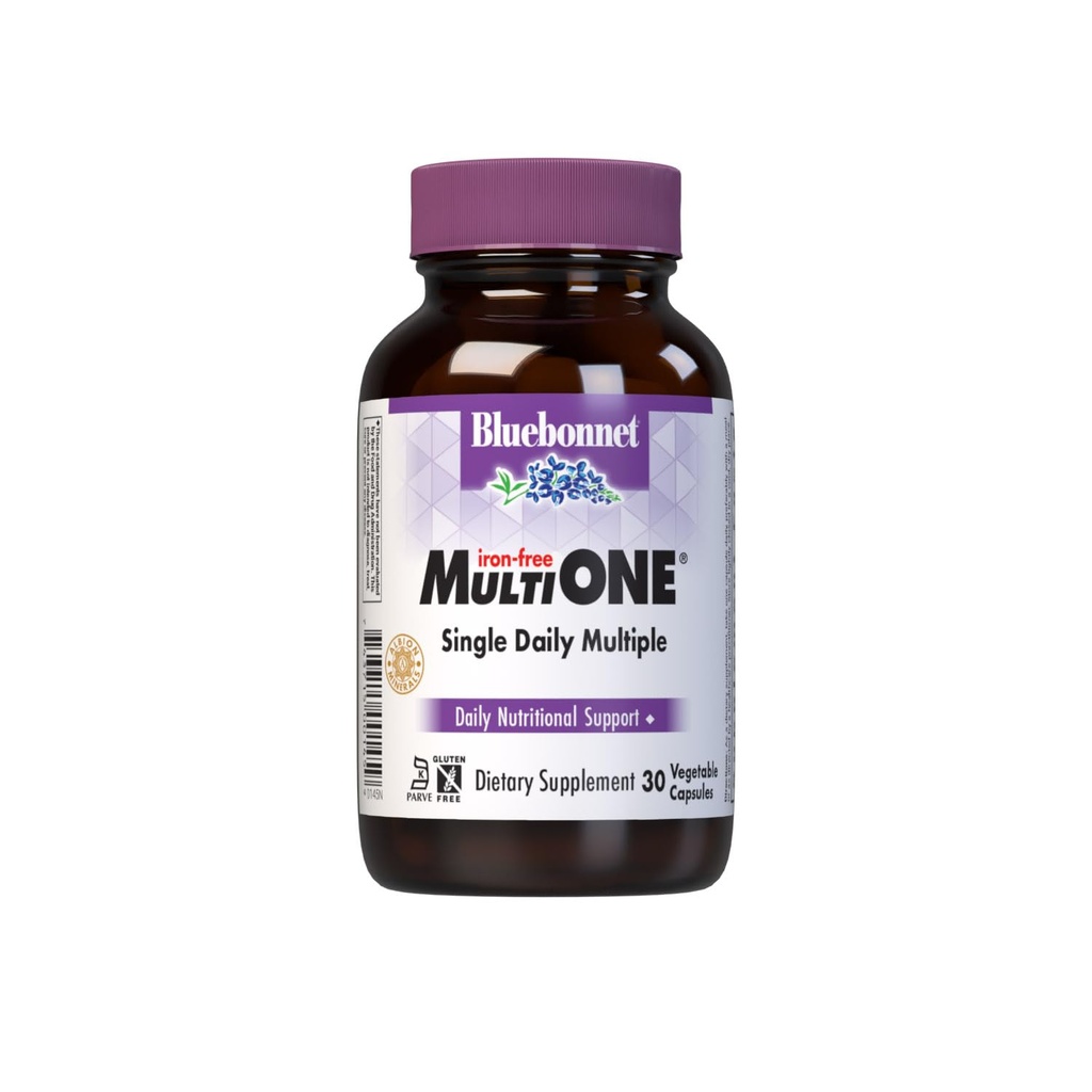 Bluebonnet Nutrition Multi ONE (sans fer), soutien nutritionnel quotidien*, certifié Kosher, sans gluten, sans lait, respectueux des légumes, 30 capsules végétales, 30 portions