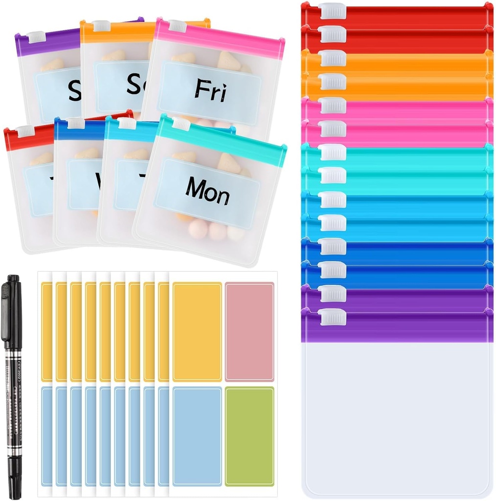 MARFOREVER 25 Pcs Pill Pouch Small Pill Bags Wiederverwendbare Medizin Organizer Reise Pille Container Aufbewahrung Pille Case mit Slide Lock 14 Stk Kunststoff Medizin Taschen 10 Stk Blatt Etiketten und ein Marker