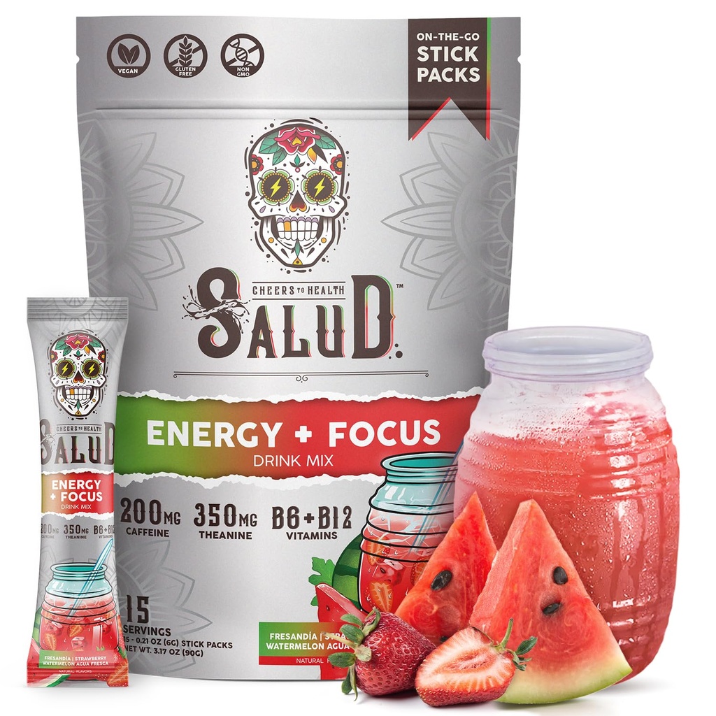 Salud 2-en-1 Poudre de boisson énergisante + Focus, pastèque fraise, caféine biologique, B6 + B12, Theanine, Paquets de boisson énergisante propre, Fresandia Agua Fresca Mix, Non-OGM, Sans gluten, Vegan, 1g de sucre, (15 portions)