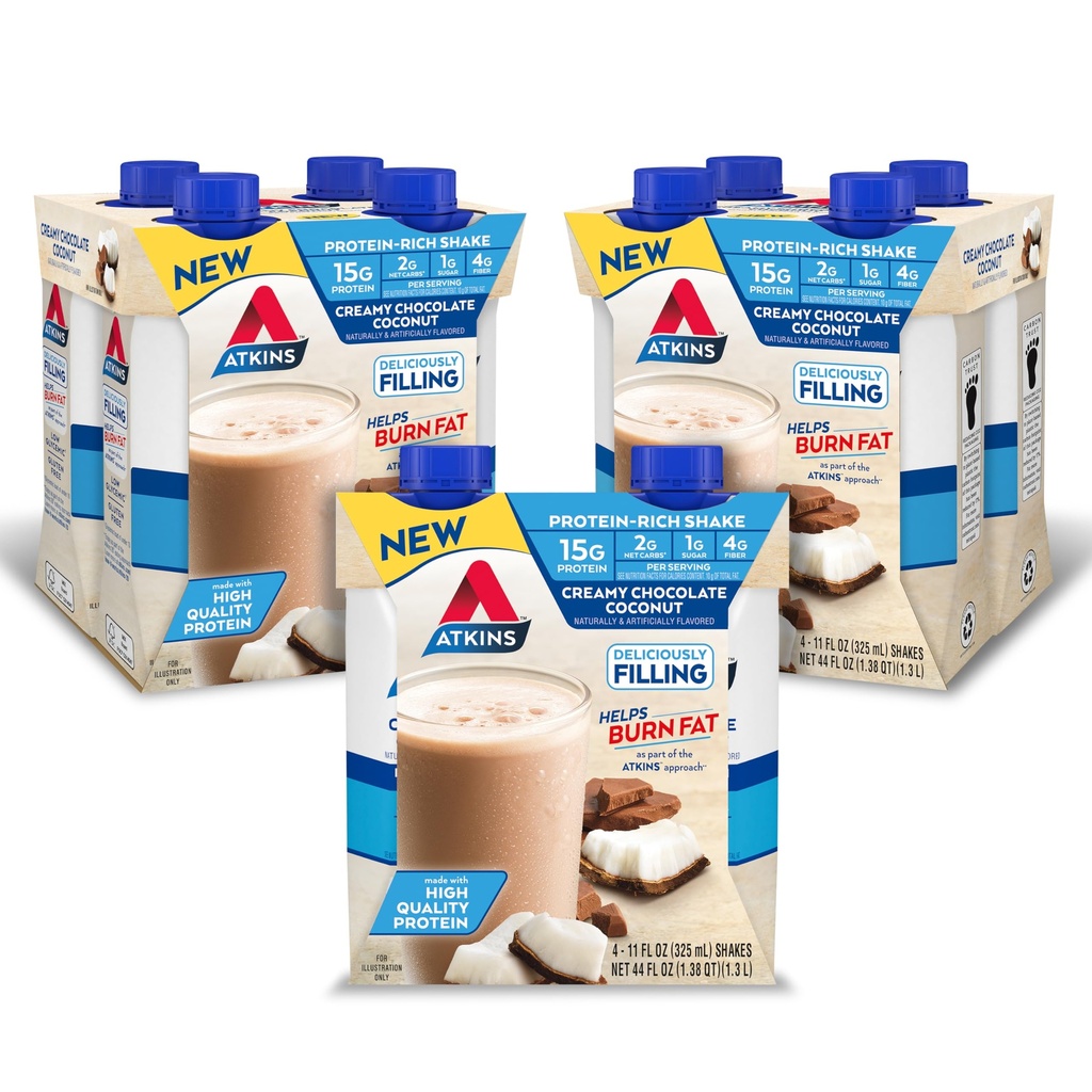 Atkins cremoso cioccolato cocco proteine Shake, 15g proteine, 2g carboidrati netti, 1g zucchero, Keto Friendly, 12 conte