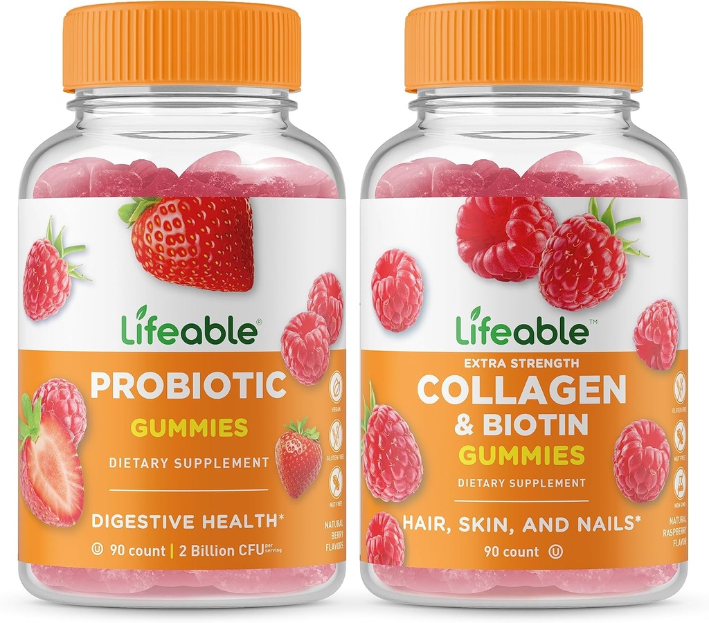 Lifeable Probiotic 2 Billion CFU + Collagen & Biotin, Gummis Bundle - Tolle Verkostung, Vitamin Supplement, Glutenfrei, GMO frei, Kaugummi