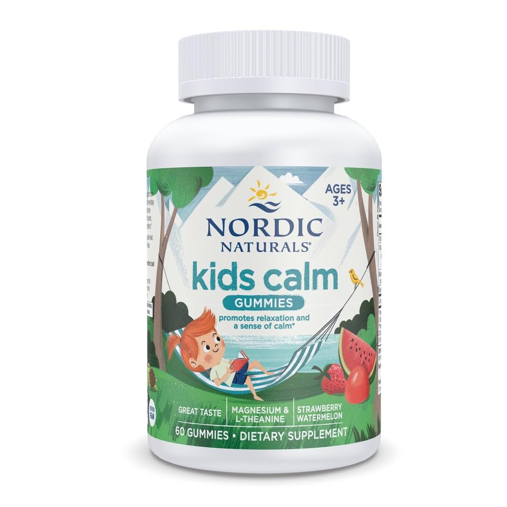 Nordic Naturals Kids Calm Gummis - Erdbeere Wassermelone - 60 Gummis - Magnesium L-Theanine Supplement - Beruhigung für Kinder - Entspannungsunterstützung - Bis zu 60 Servietten