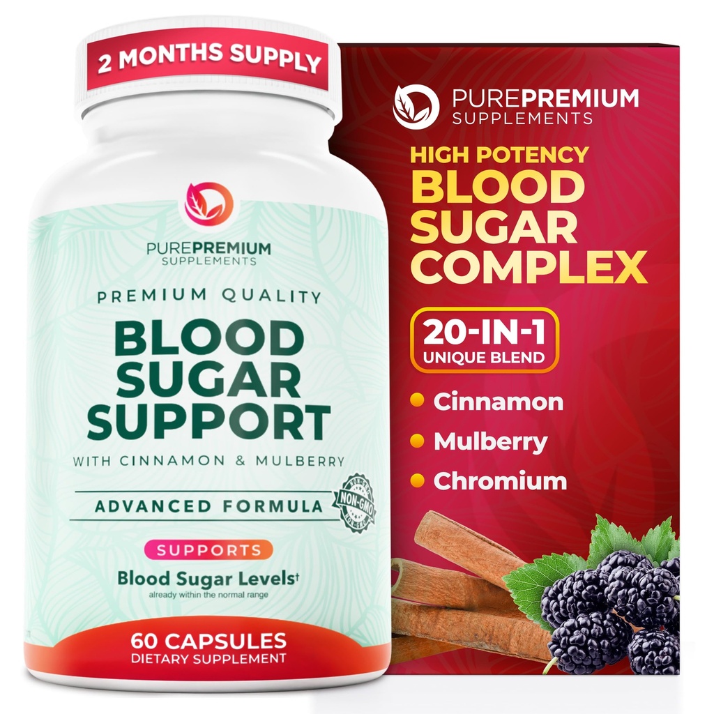 PurePremium Normale Blutzucker-Supplement - 20 Wirkstoff-Komplex, um Blutzuckerspiegel bereits im Normalbereich zu unterstützen - mit Cinnamon, Bitter Melon, Chrom, Mulberry - 60ct