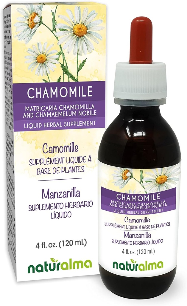 Naturalma German and Roman Chamomile (Matricaria chamomilla und Chamaemelum nobile) Flower Alcohol-Free Tincture - 4 fl oz Flüssiger Extrakt in Tropfen - Kräuterergänzung - Vegan
