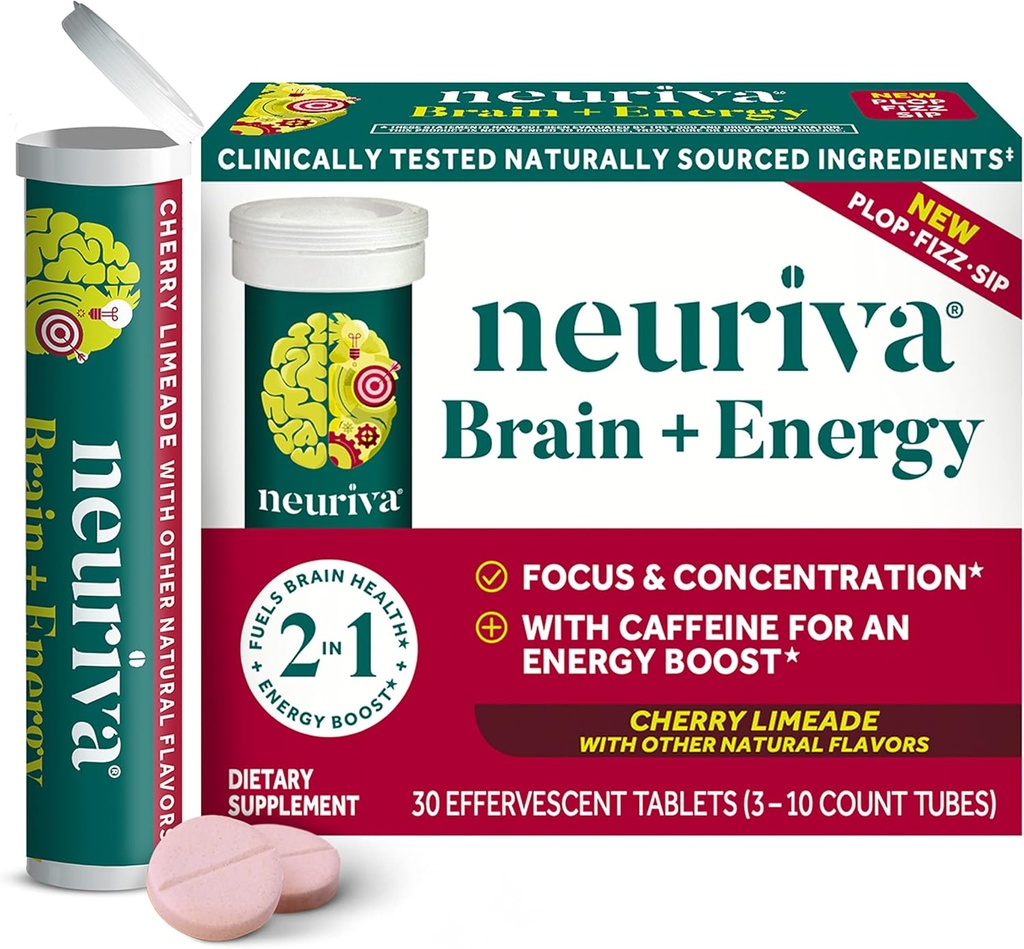 NEURIVA Cerveau + supplément énergétique avec neurofacteur testé cliniquement pour focalisation et concentration, vitamine B12, et 150mg de caféine pour une stimulation énergétique immédiate, 30ct Cerise Limeade comprimés effervescents