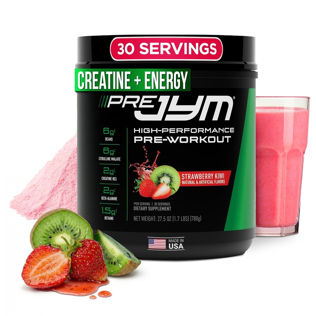 JYM Supplement Science Pre JYM Strawberry Kiwi Pre Workout Pulver - BCAAs, Nootropika, Kreatin HCI, Citrullin, Beta-Alanin, Betain, Taurin, Huperzin 30 Portionen
