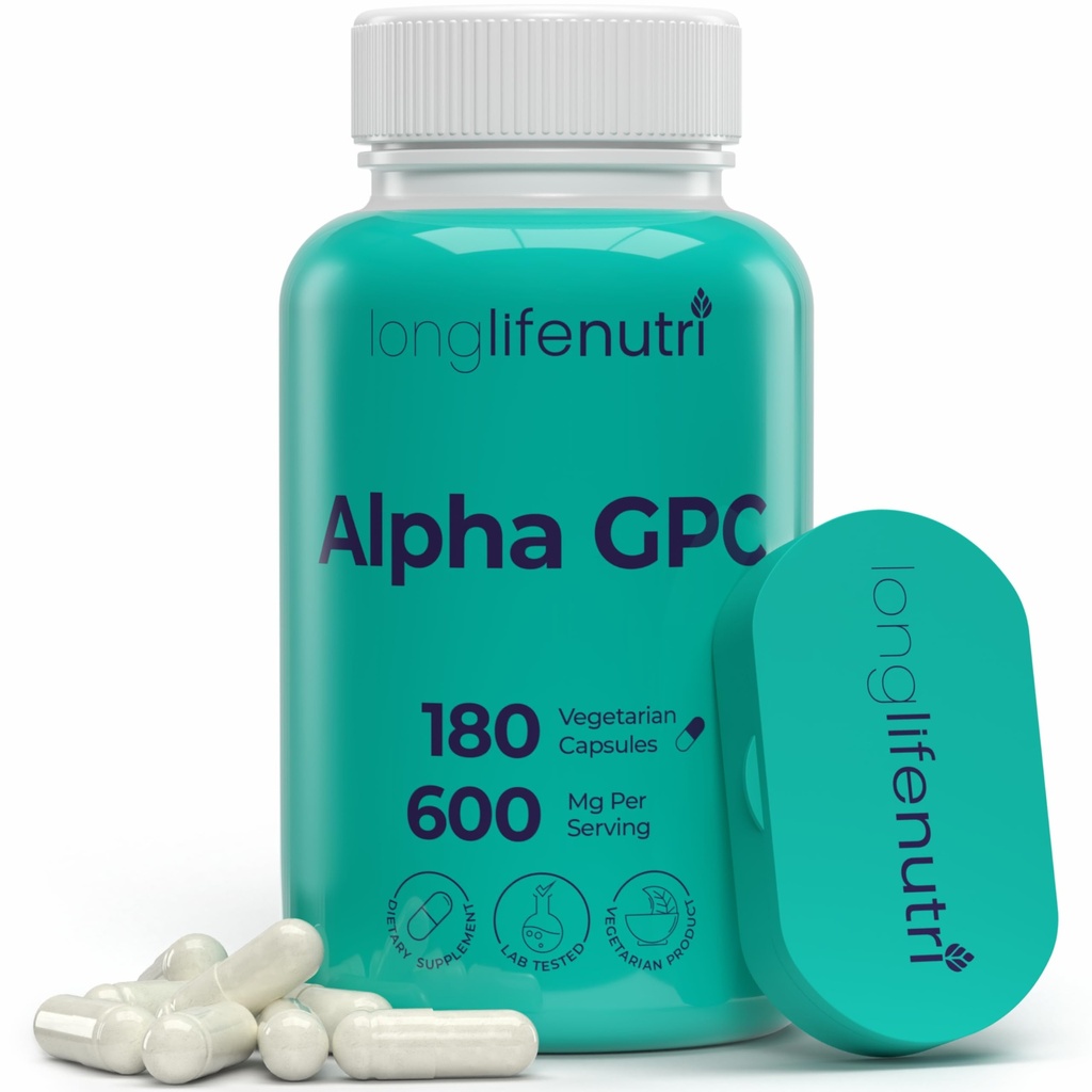 Alpha GPC Choline Supplément 600mg – 180 Capsules végétariennes, Nootropic haute pureté pour l'énergie quotidienne, 3 mois d'approvisionnement, Source d'acétylcholine pour la clarté cognitive et mentale, GMP certifié, Fabriqué aux États-Unis