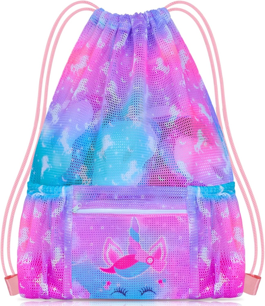 PASHOP Drawstring Sac à dos pour les enfants, Filles Mesh Sac de plage pour la natation, Gym de grande taille Sacs à cordons Cinch Sac pour les filles (Licorne)