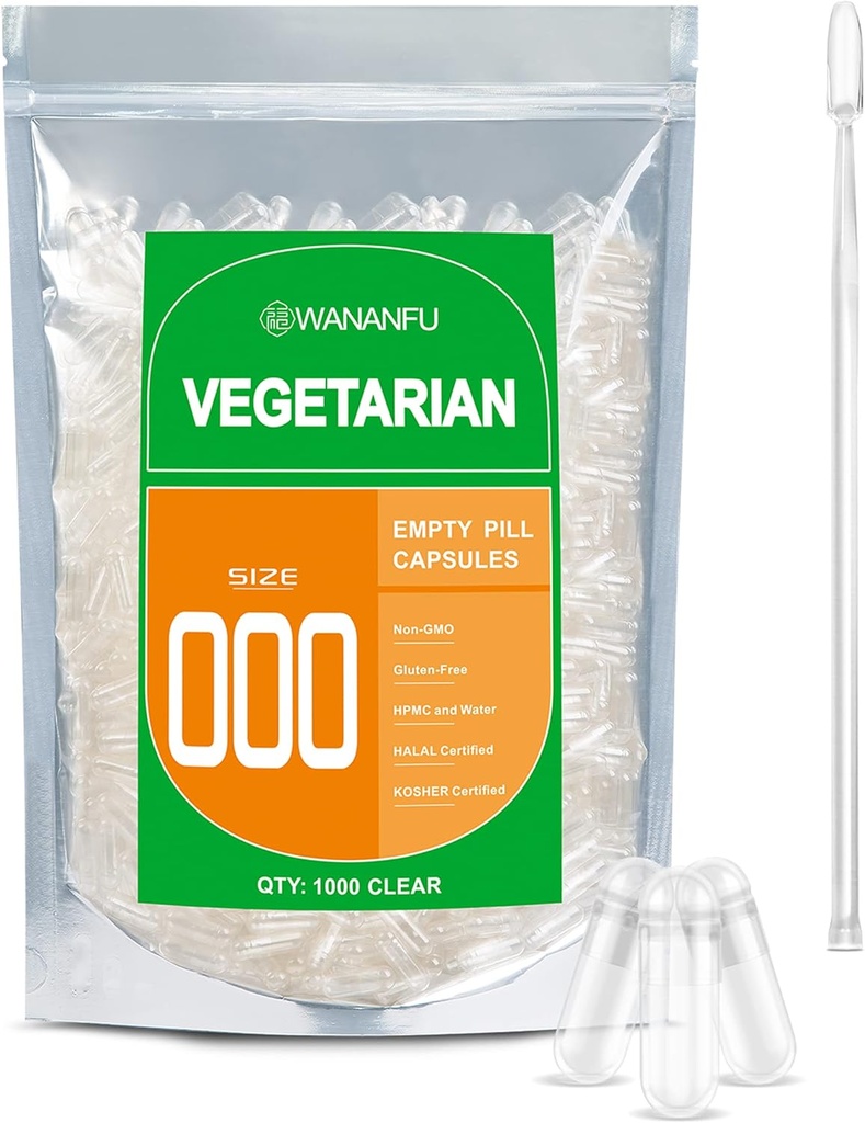 wananfu Größe 000 Leere Kapseln Vegetarisch (1000 Zähler) Bundle mit Micro Lab Spoon, Clear Fillable Veggie Pill Kapseln 000 für die Herstellung Ihrer eigenen Ergänzungen