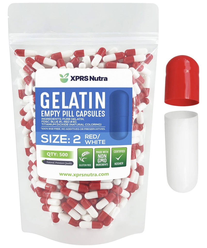 XPRS Nutra Größe 2 Leere Kapseln - 500 Graf Leere Gelatine Kapseln - Pillen DIY Kapsel Füllung - Pure Bovine Pill Gel Kapseln für Do-It-Yourself Ergänzungen (Red/White)