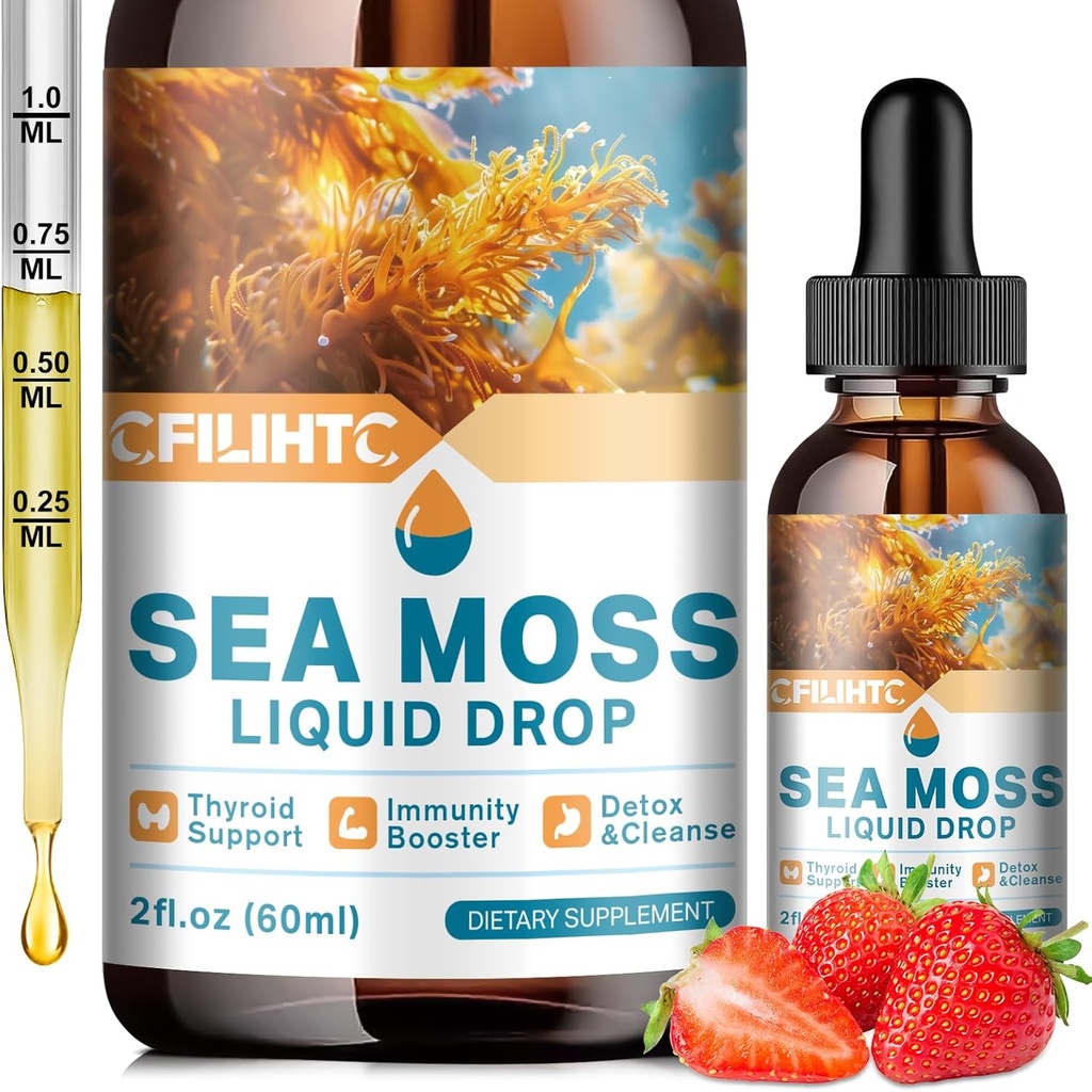 Sea Moss Liquid Drops Supplemento, Irish Sea Moss con Soursop Black Elderberry Ashwagandha Burdock Root - Multivitamins Seamoss Liquid Drops Support Antioxidant, Immune, Skin Gut Health, 2 Fl Oz