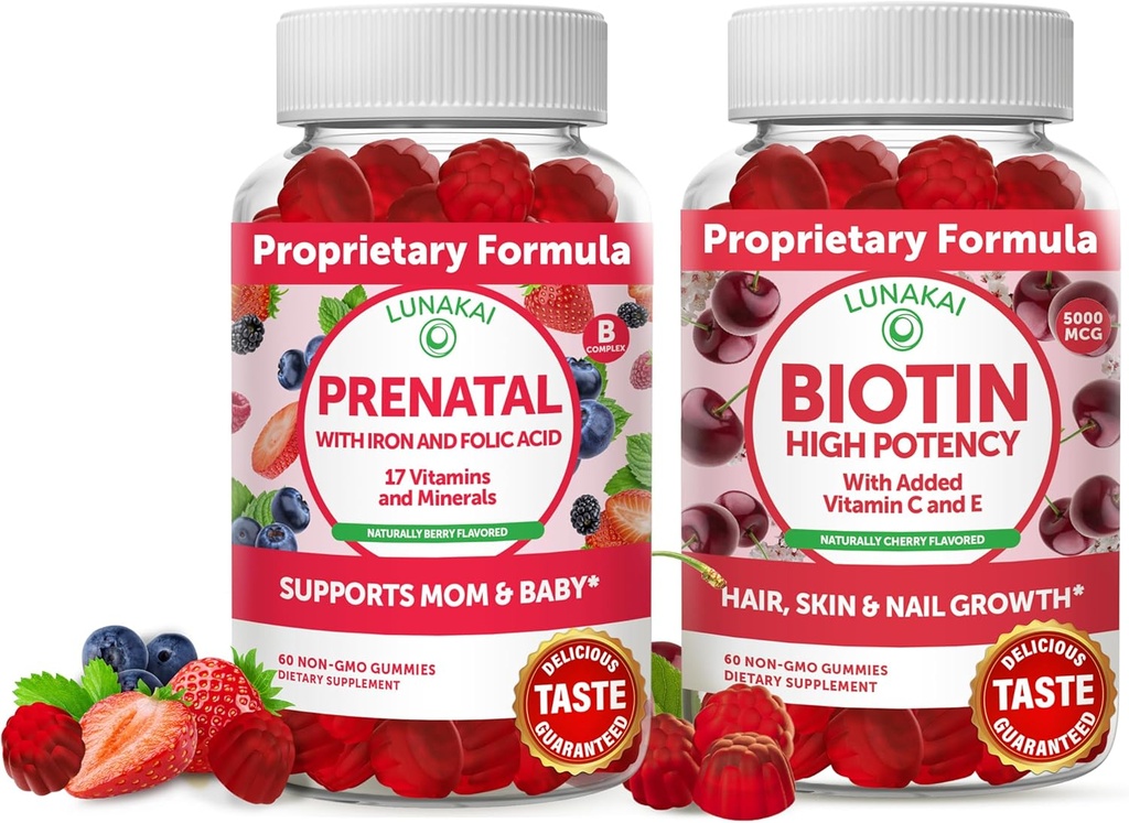 Lunakai Biotin und Prenatal Bundle - Haarhaut und Nägel Wachstumsergänzung mit Vitamin C und E - Schwangerschaft Multivitamin Gummy mit Eisen & Folsäure - 30 Tage Versorgung