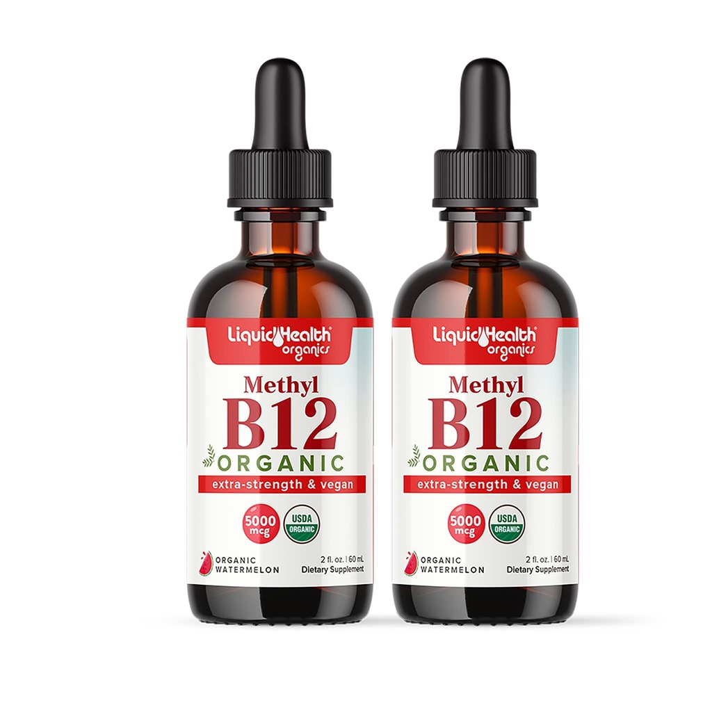 LIQUIDHEALTH USDA Organic Methyl Vitamin B12 Methylcobalamin Liquid Drops with Tart Cherry Juice - Boost Energy, Immune Support, Better Memory & Concentration - USA Made, Vegan, Non-GMO (2 Pack)