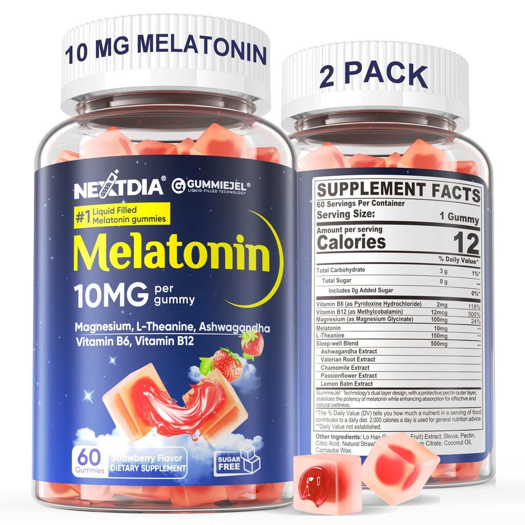2 Confezione Zucchero Melatonina Gummies 10mg 20mg Magnesio Glycinate Melatonina per Adulti, Ashwagandha, L-teanina, B6, B12, Balm di limone e camomilla per rilassamento profondo, Antiossidante, Vegan, 120 giorni