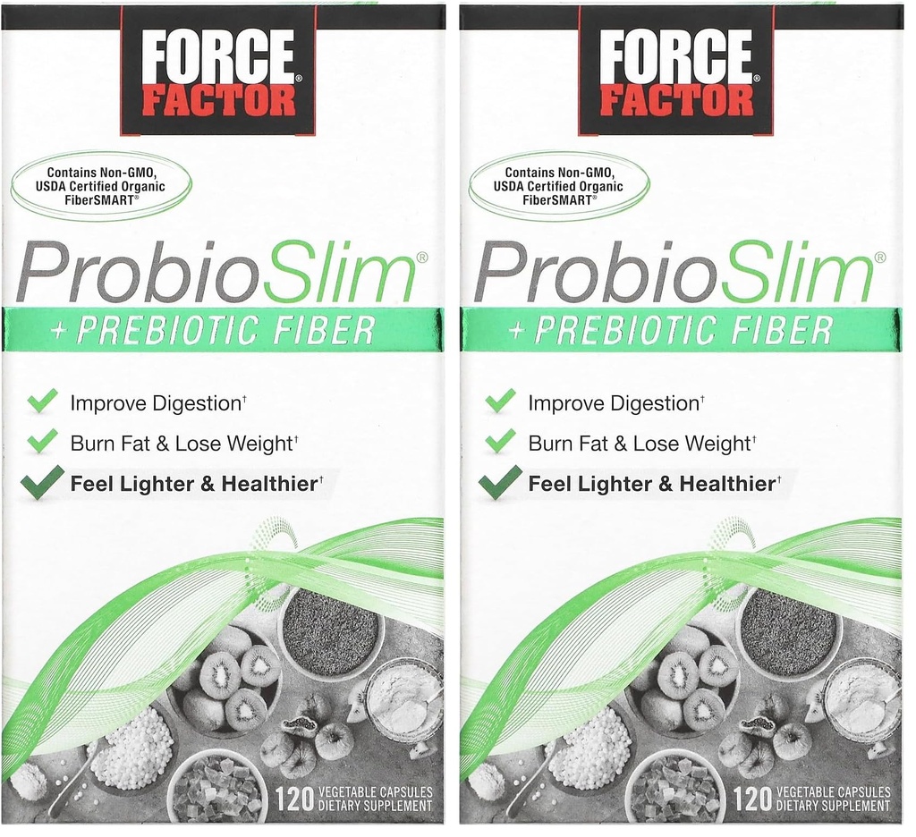 Fattore di Forza ProbioSlim + Prebiotico Fibra di perdita di peso Supplemento per le donne e gli uomini, Probiotico e Prebiotico Digestive Health Support with Green Tea Extract and Psyllium Husk Fiber, 120 capsule