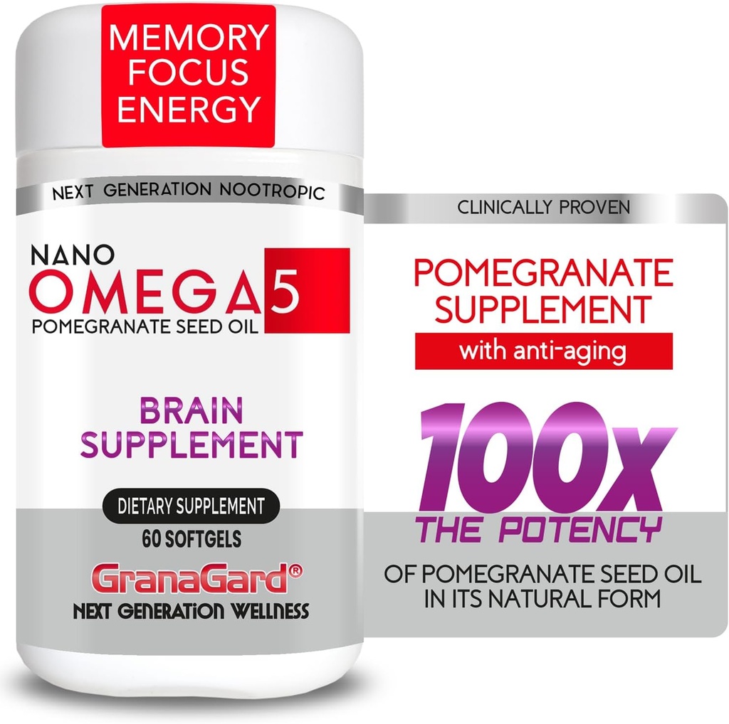 Nano Granatapfel-Ergänzung CLINICALLY Proven Brain-Ergänzung mit Anti-Aging, Nanotech liefert 100 Zeiten Die Macht von Granatapfel Samen Öl in seiner natürlichen Form, 1 Flasche 60ct