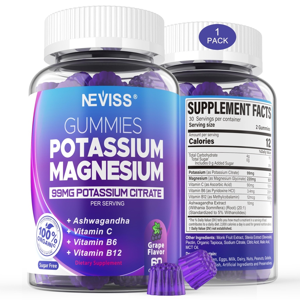 Gummie di Magnesio di potassio - Supplemento di potassio w/Ashwagandha 200mg, Glycinate di magnesio, B6, B12, Citrato di P-otassium per Crampe di gambe, Muscolo,Electroyte per bambini adulti, senza zucchero,1Pack