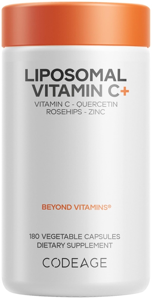 Codeage Vitamine liposomique C 1500mg avec Zinc, Elderberry, Citrus Bioflavonoïdes Pamplemousse, Citron, Poudre d'orange, Quercetin et Rose HIPS Fruit – Supplément végétalien - Non-OGM, Pills végétaliens, 180 Capsules