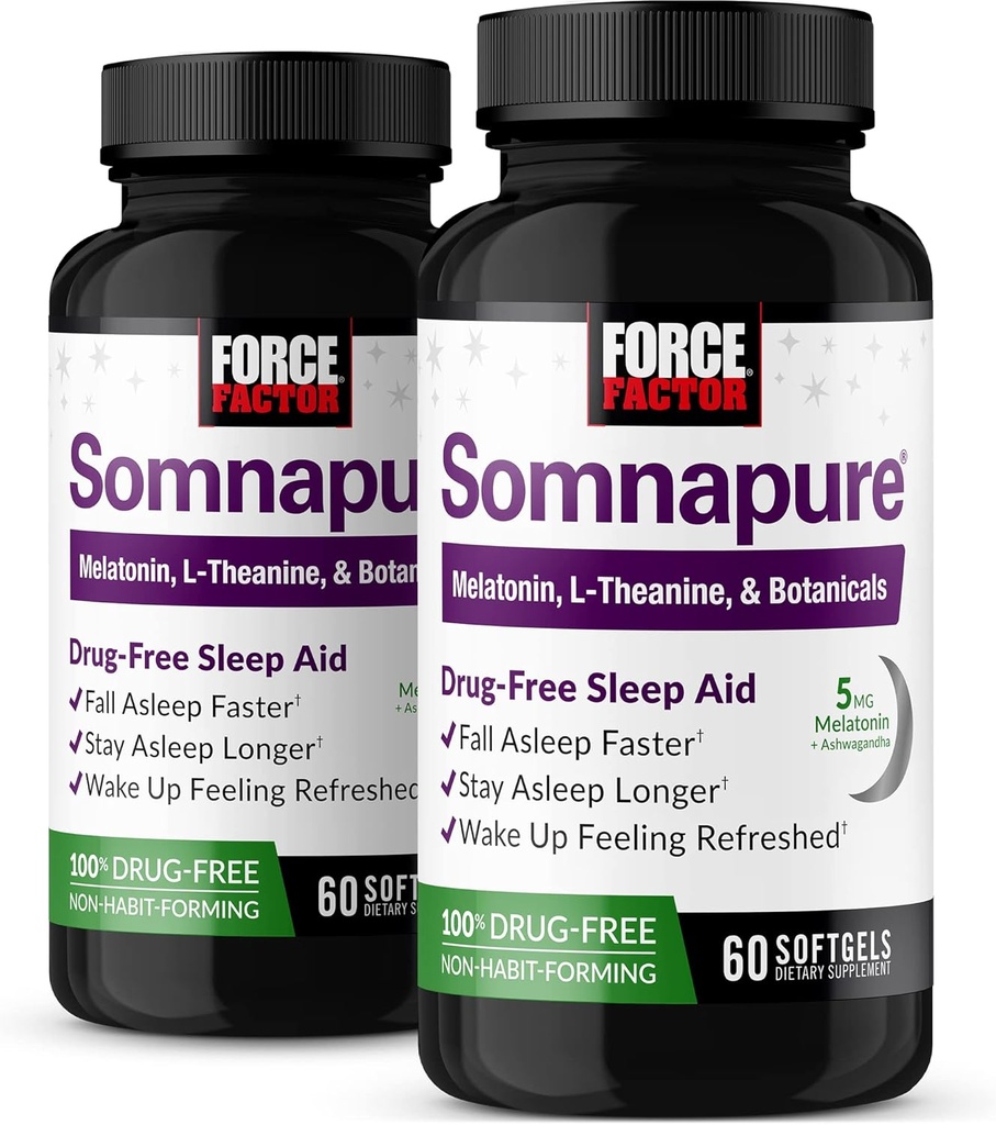 FORCE FACTOR Somnapure Softgels 2-Pack Schlafhilfe zum Einschlafen schneller, Bleiben Sie länger, Wake Up Refreshed, Schlafhilfe für Erwachsene mit Melatonin, Ashwagandha, Valerian Root, 120 Softgels