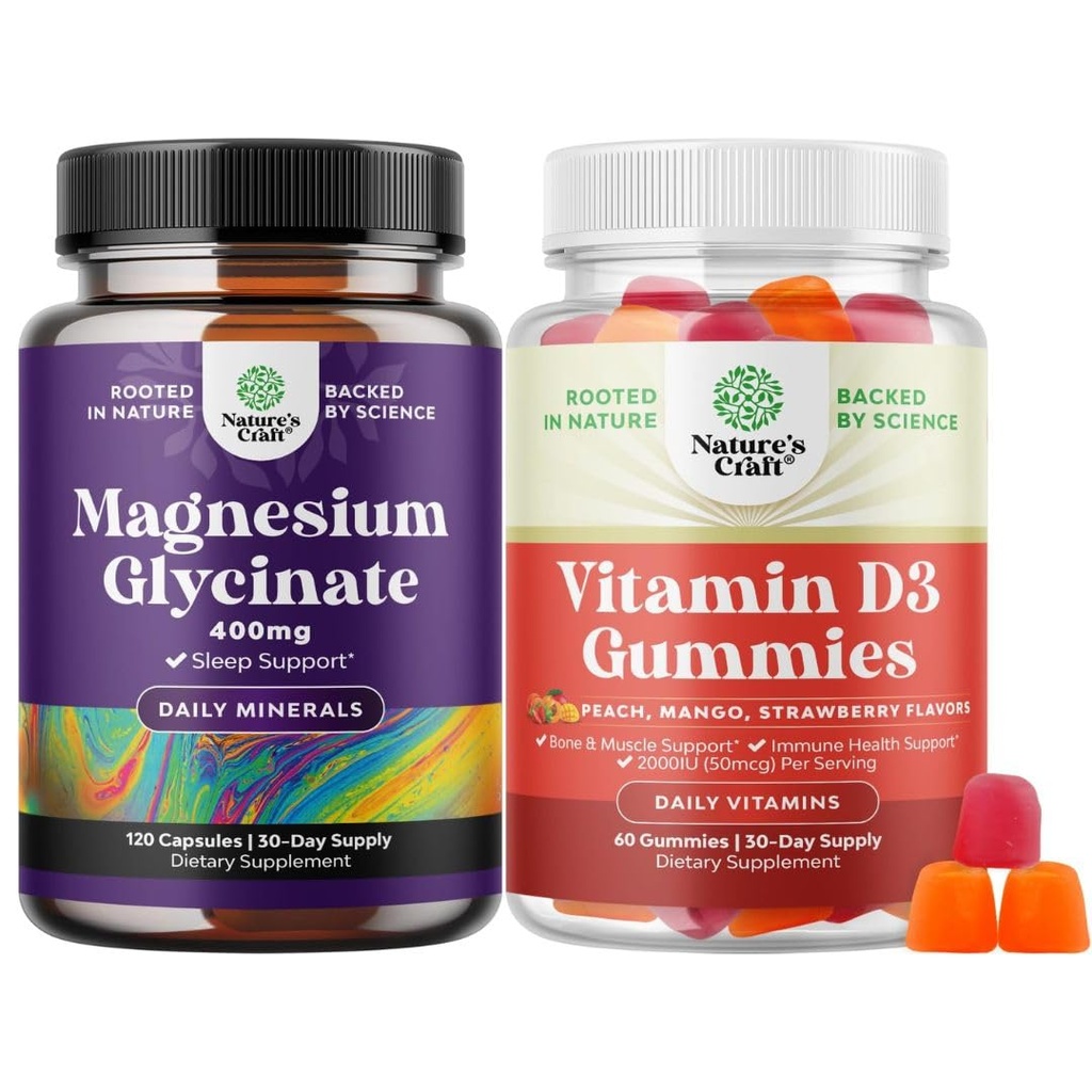 Bundle of Pure Magnesium Glycinate 400mg Per servire per il sonno del mood e rilassamento e vitamina D3 Gummies per il benessere quotidiano o Bone Muscle & supporto immunitario