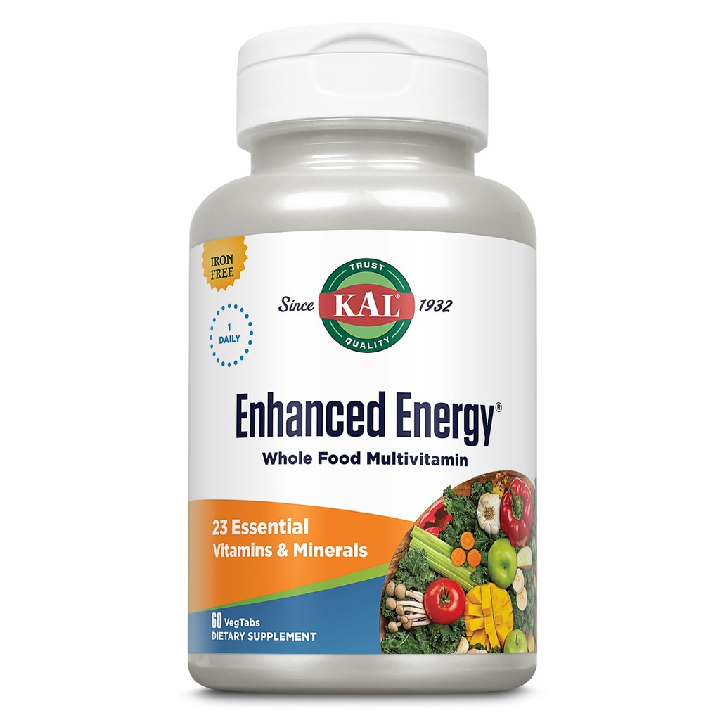Integratori energetici potenziati KAL, una volta al giorno Multivitamina alimentare per le donne e gli uomini, ferro libero, 23 vitamine essenziali, minerali, alimenti super, enzimi digestivi, garanzia di 60 giorni, 60 Serv, 60 VegTabs